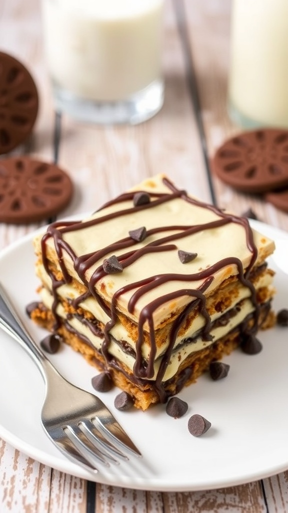 A slice of cookie lasagna on a plate, showcasing layers of cookies and creamy filling with chocolate syrup, alongside a glass of milk.